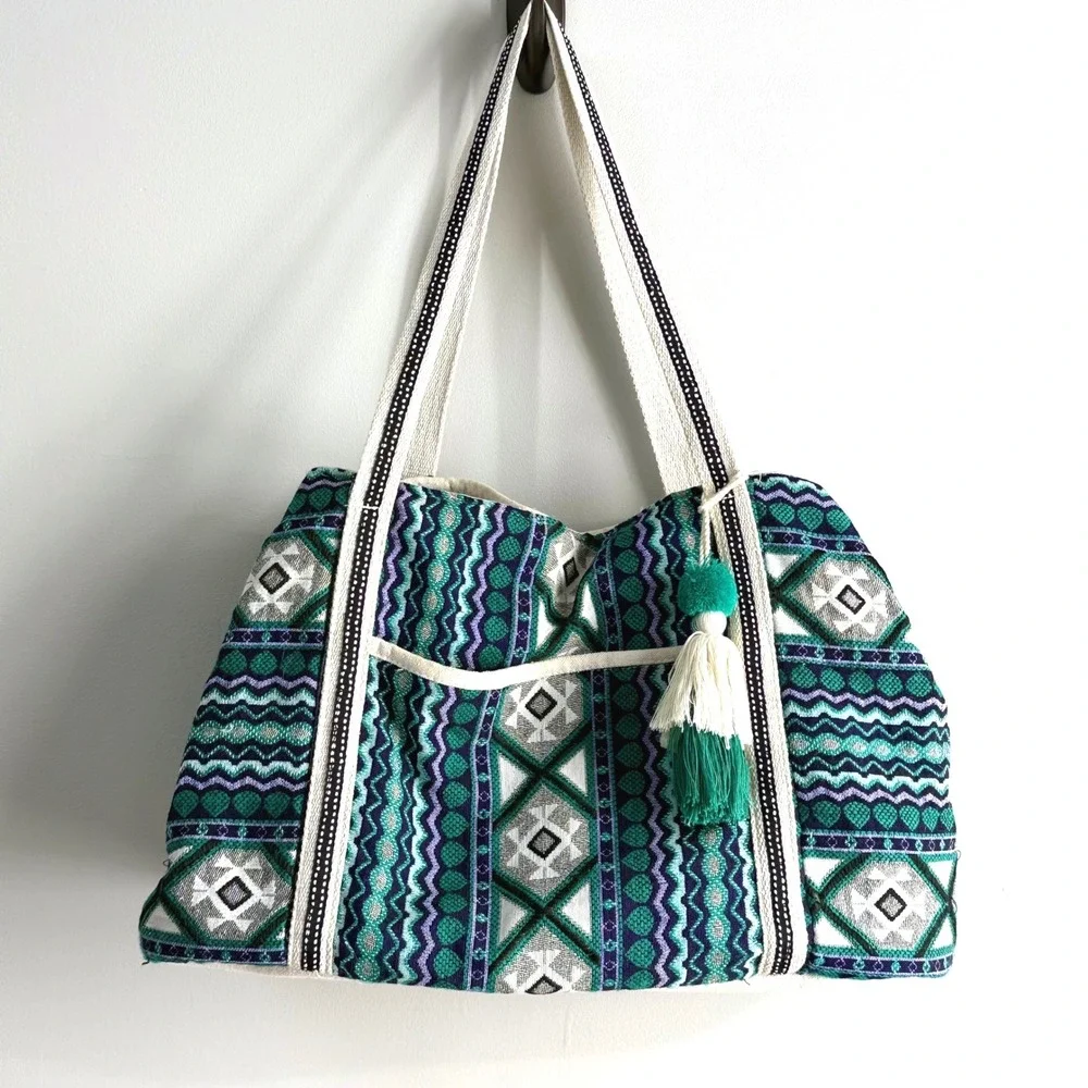 Teal/Green Geometric Woven Tote Bag Women Large Boho Vacation Vibes Beach Travel